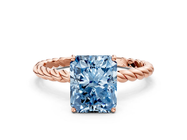 Rose gold Fancy Blue Radiant Cut Solitaire Twisted Band 4-Prong Ring