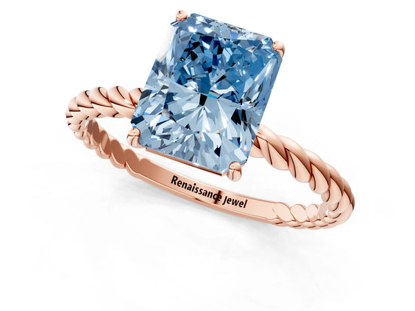 Rose gold Fancy Blue Radiant Cut Solitaire Twisted Band 4-Prong Ring