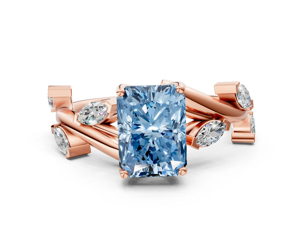 Rose gold Fancy Blue Radiant Cut Solitaire Twisted Band Marquise Accent Prong Setting Ring