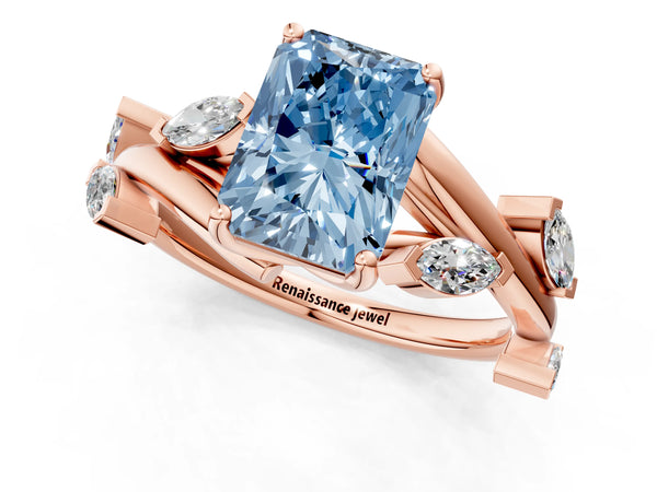 Rose gold Fancy Blue Radiant Cut Solitaire Twisted Band Marquise Accent Prong Setting Ring