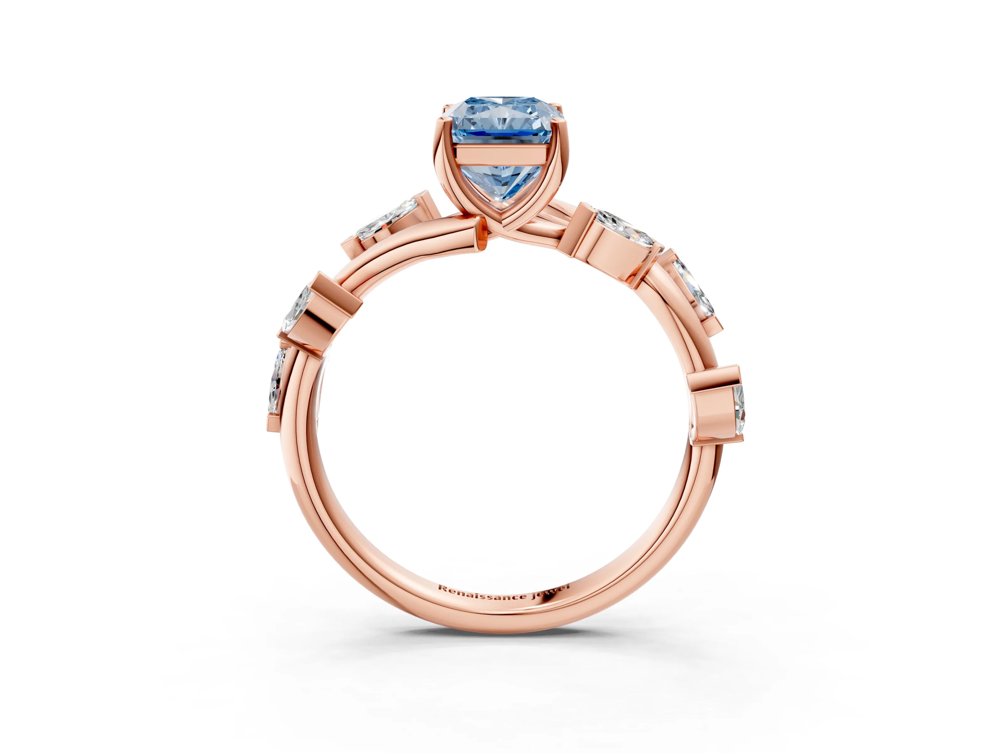 Rose gold Fancy Blue Radiant Cut Solitaire Twisted Band Marquise Accent Prong Setting Ring_3