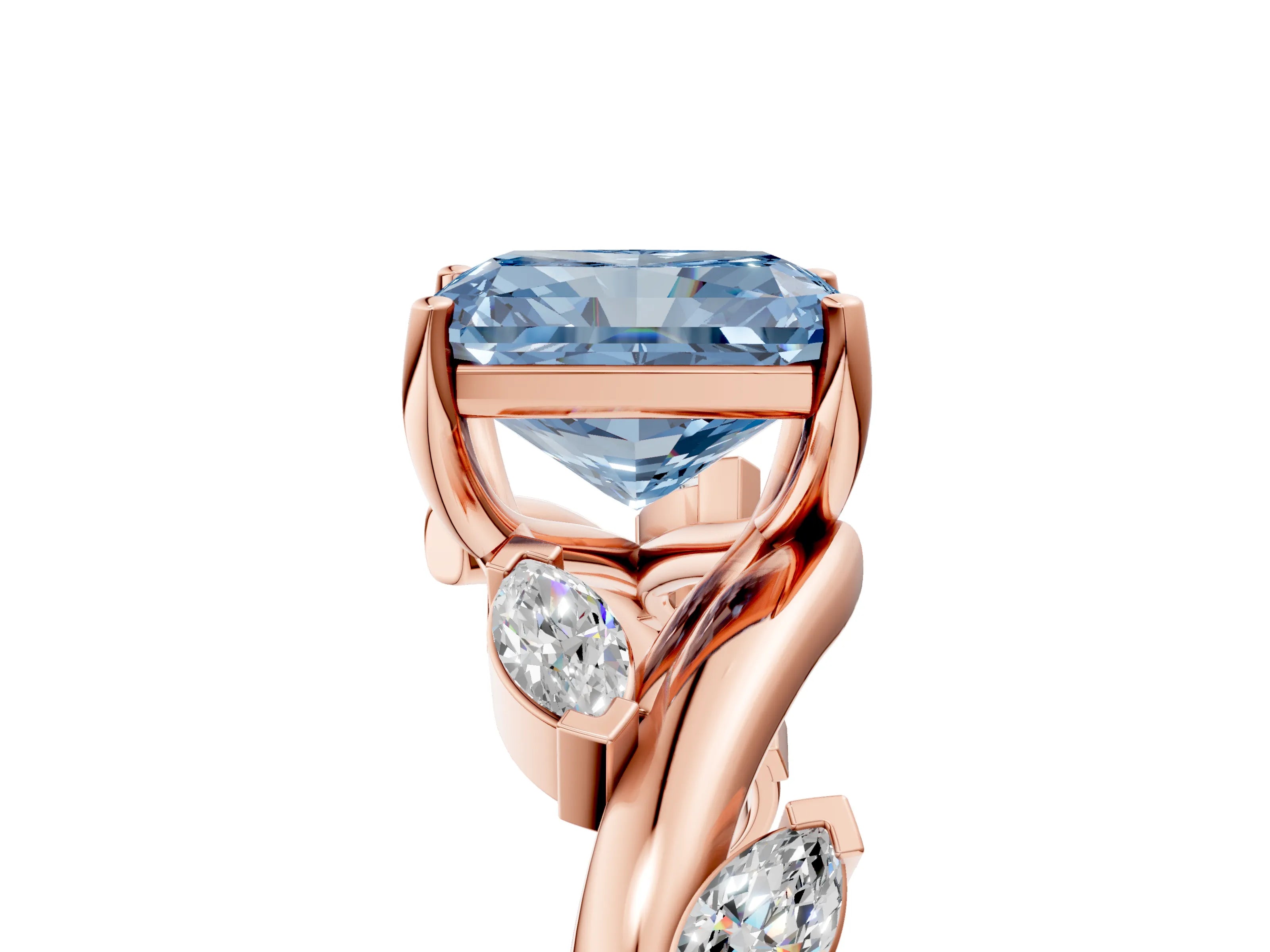 Rose gold Fancy Blue Radiant Cut Solitaire Twisted Band Marquise Accent Prong Setting Ring_5