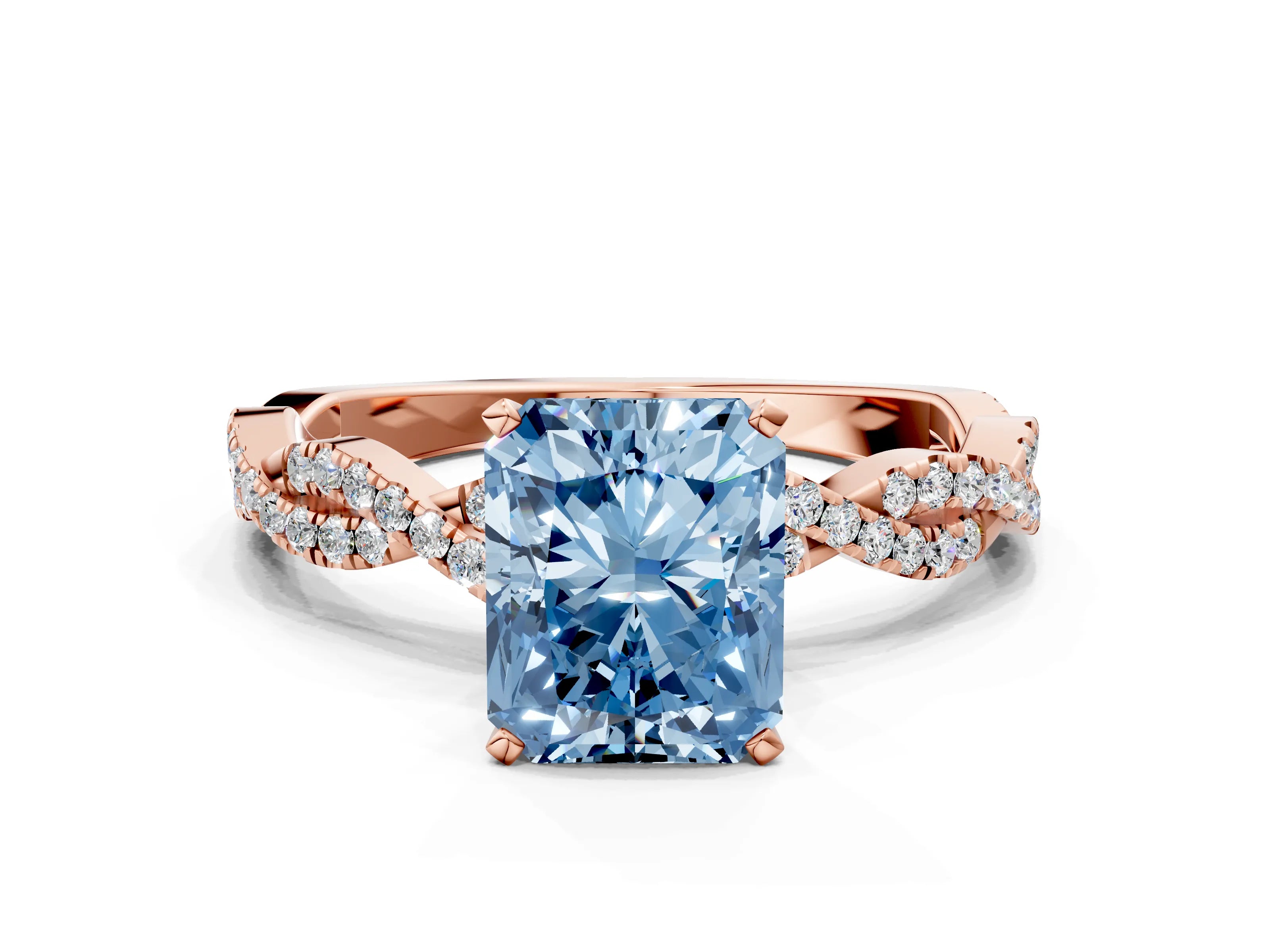 Rose gold Fancy Blue Radiant Cut Solitaire Twisted Pave Band with Four-Prong Setting_3