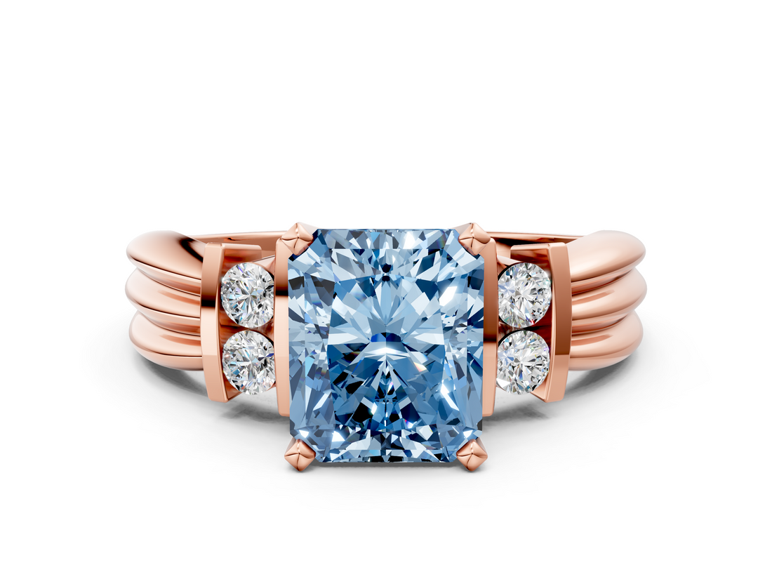 Rose gold Fancy Blue Radiant  Cut Three-Stone Channel Set Ring with Bar Prongs_71