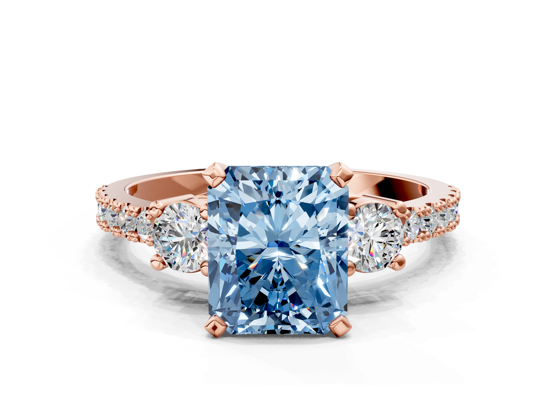 Rose gold Fancy Blue Radiant  Cut Three-Stone Diamond Pavé Band with Prong Setting_17