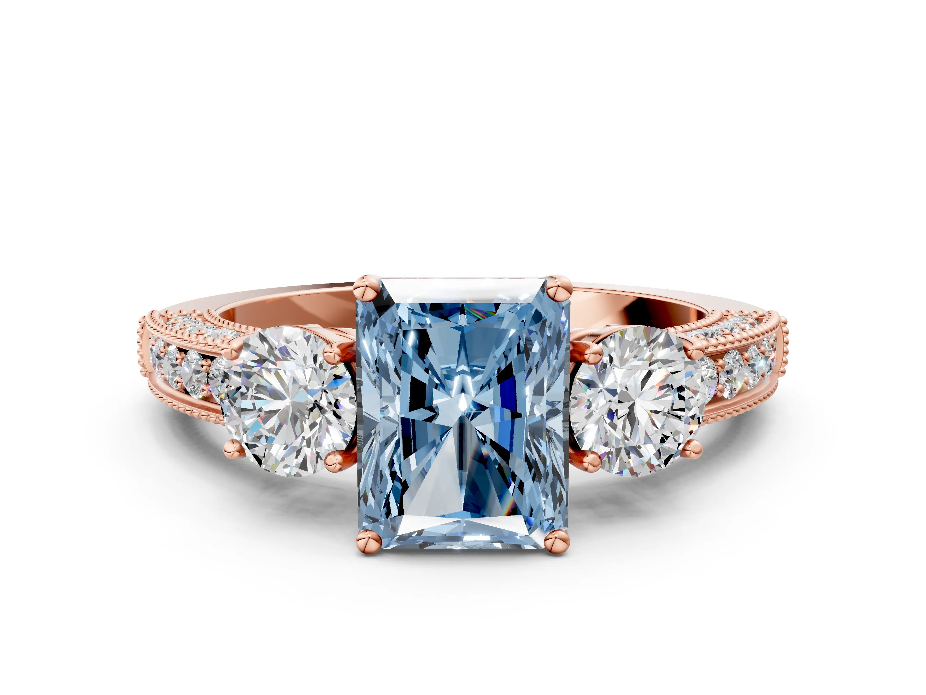 Rose gold Fancy Blue Radiant Cut Three-Stone Diamond Ring with Pavé Band and Four-Prong Setting