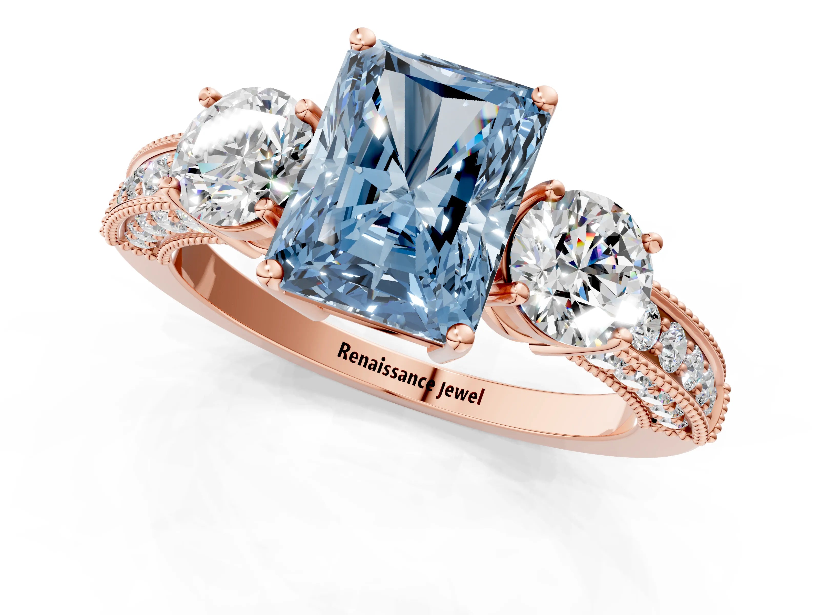 Rose gold Fancy Blue Radiant Cut Three-Stone Diamond Ring with Pavé Band and Four-Prong Setting_1