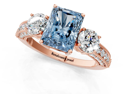 Rose gold Fancy Blue Radiant Cut Three-Stone Diamond Ring with Pavé Band and Four-Prong Setting_1