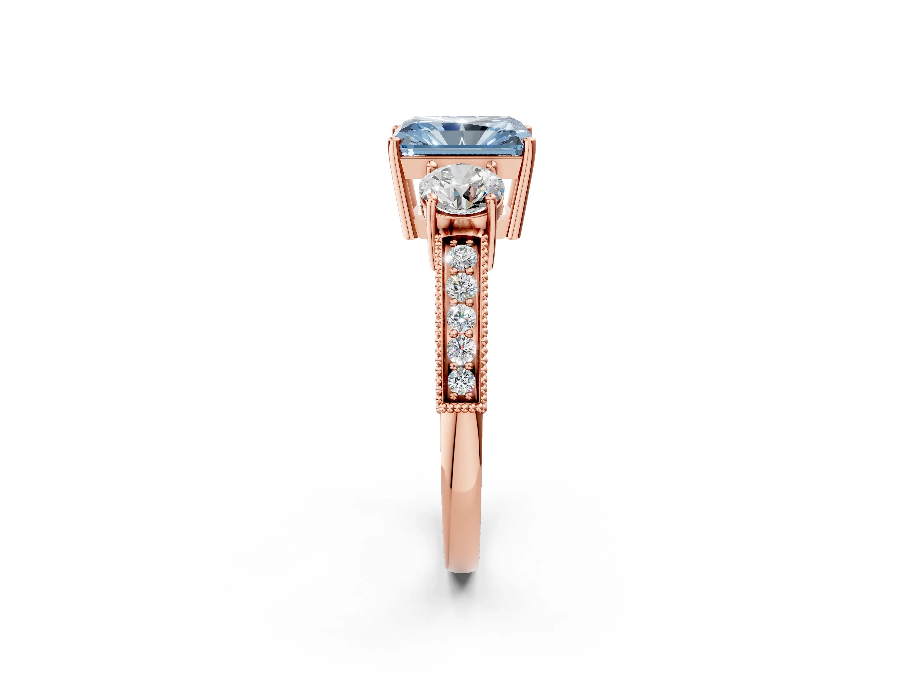 Rose gold Fancy Blue Radiant Cut Three-Stone Diamond Ring with Pavé Band and Four-Prong Setting_2