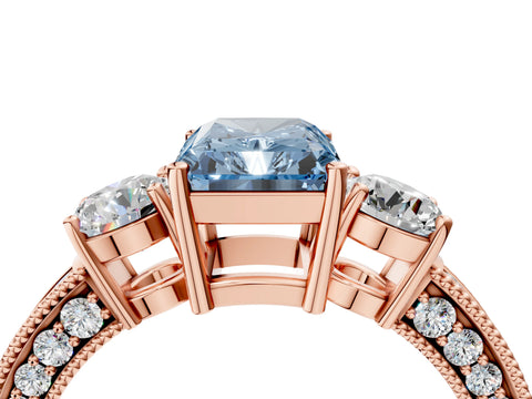 Rose gold Fancy Blue Radiant Cut Three-Stone Diamond Ring with Pavé Band and Four-Prong Setting_4