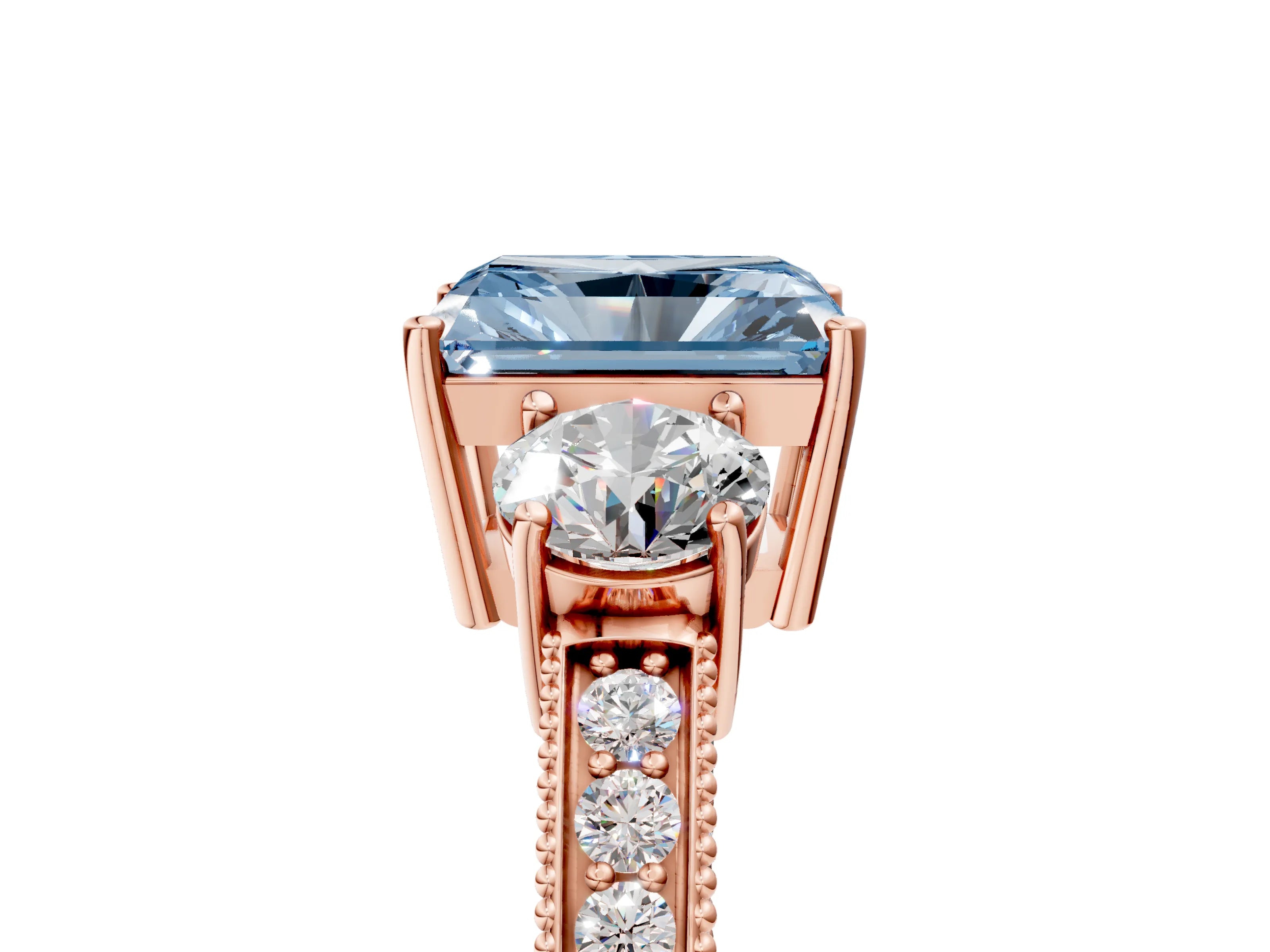 Rose gold Fancy Blue Radiant Cut Three-Stone Diamond Ring with Pavé Band and Four-Prong Setting_5