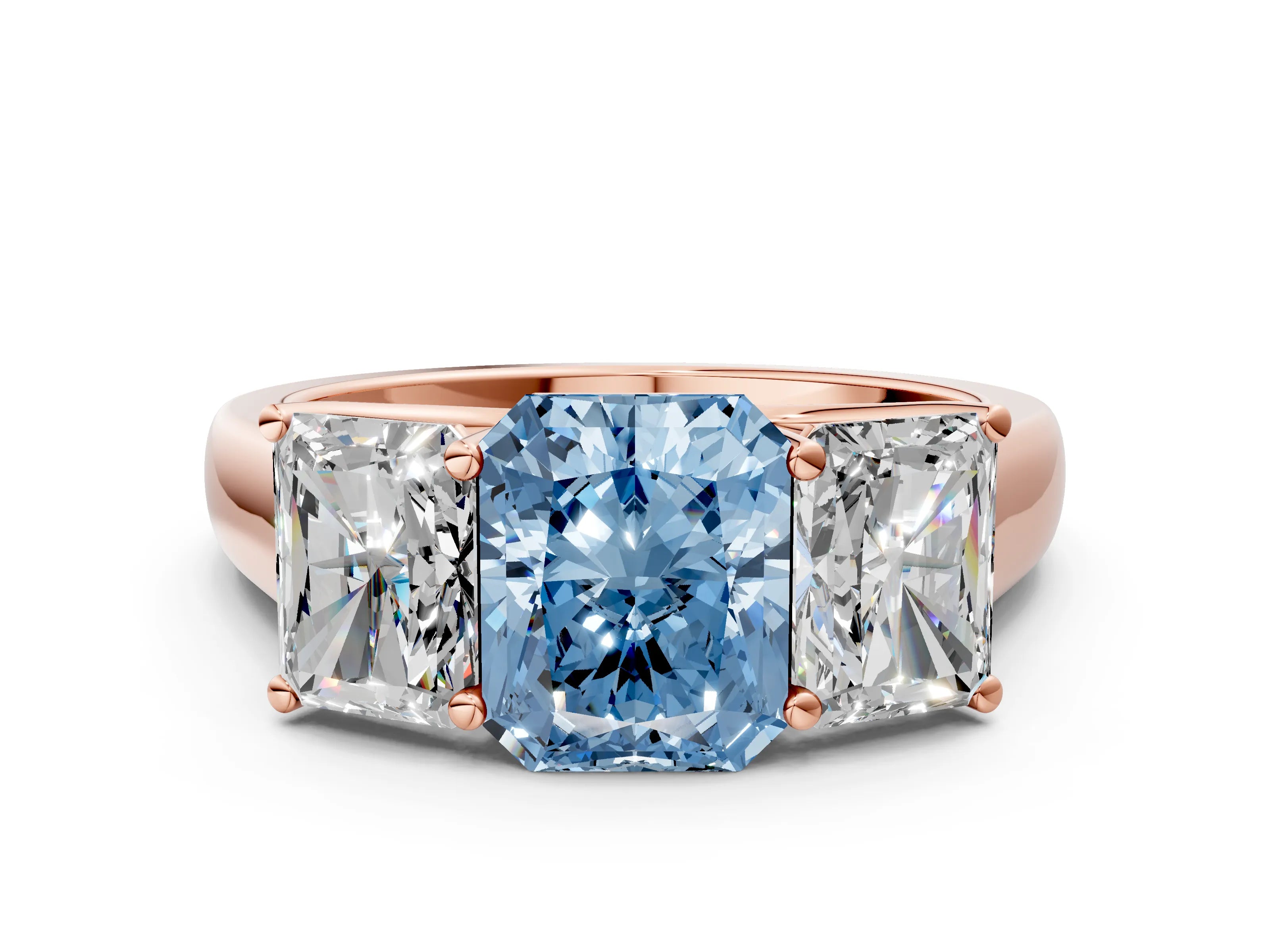 Rose gold Fancy Blue Radiant Cut Three-Stone Diamond Ring with Prong Setting on a Classic Band