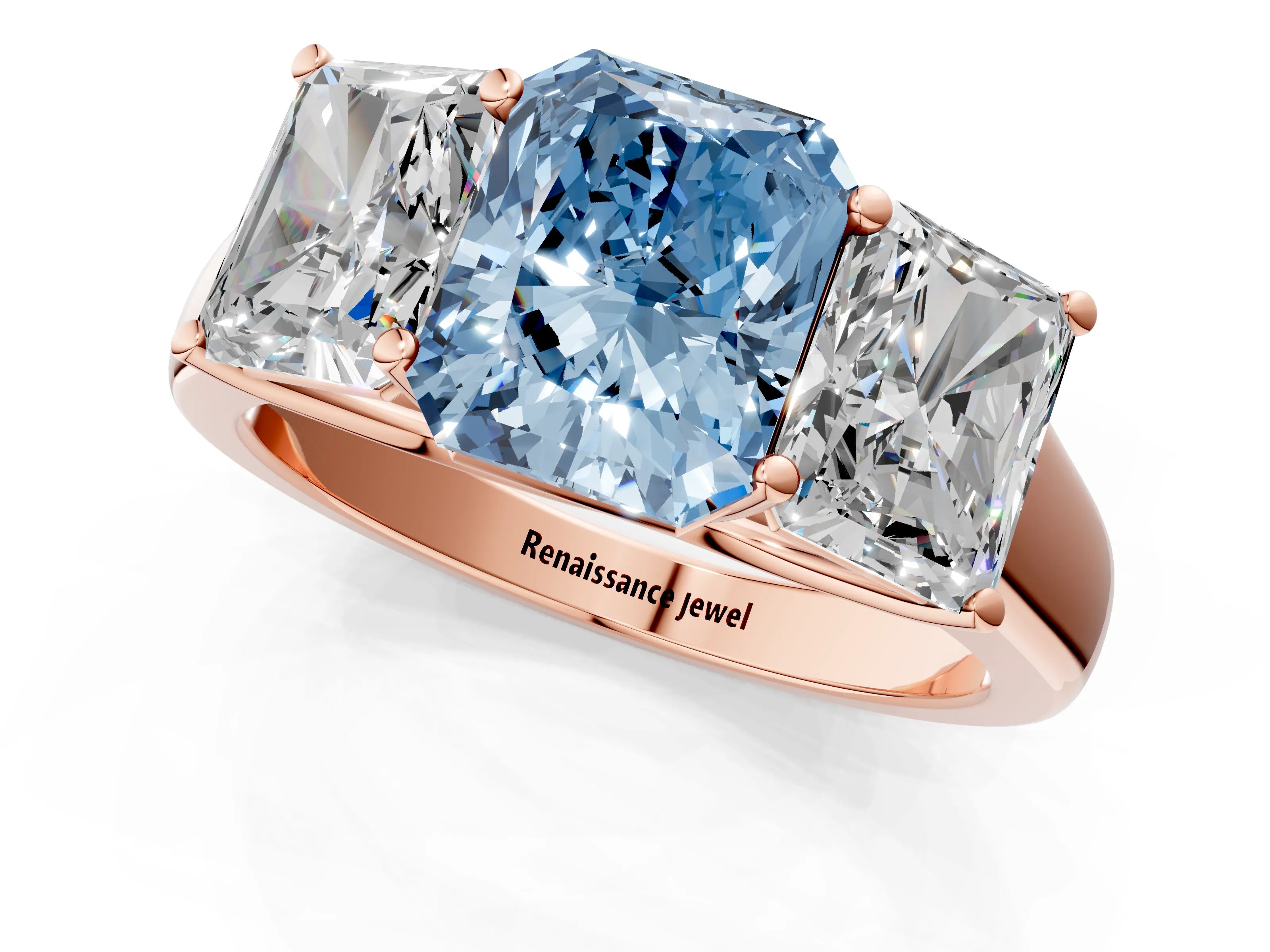 Rose gold Fancy Blue Radiant Cut Three-Stone Diamond Ring with Prong Setting on a Classic Band_1