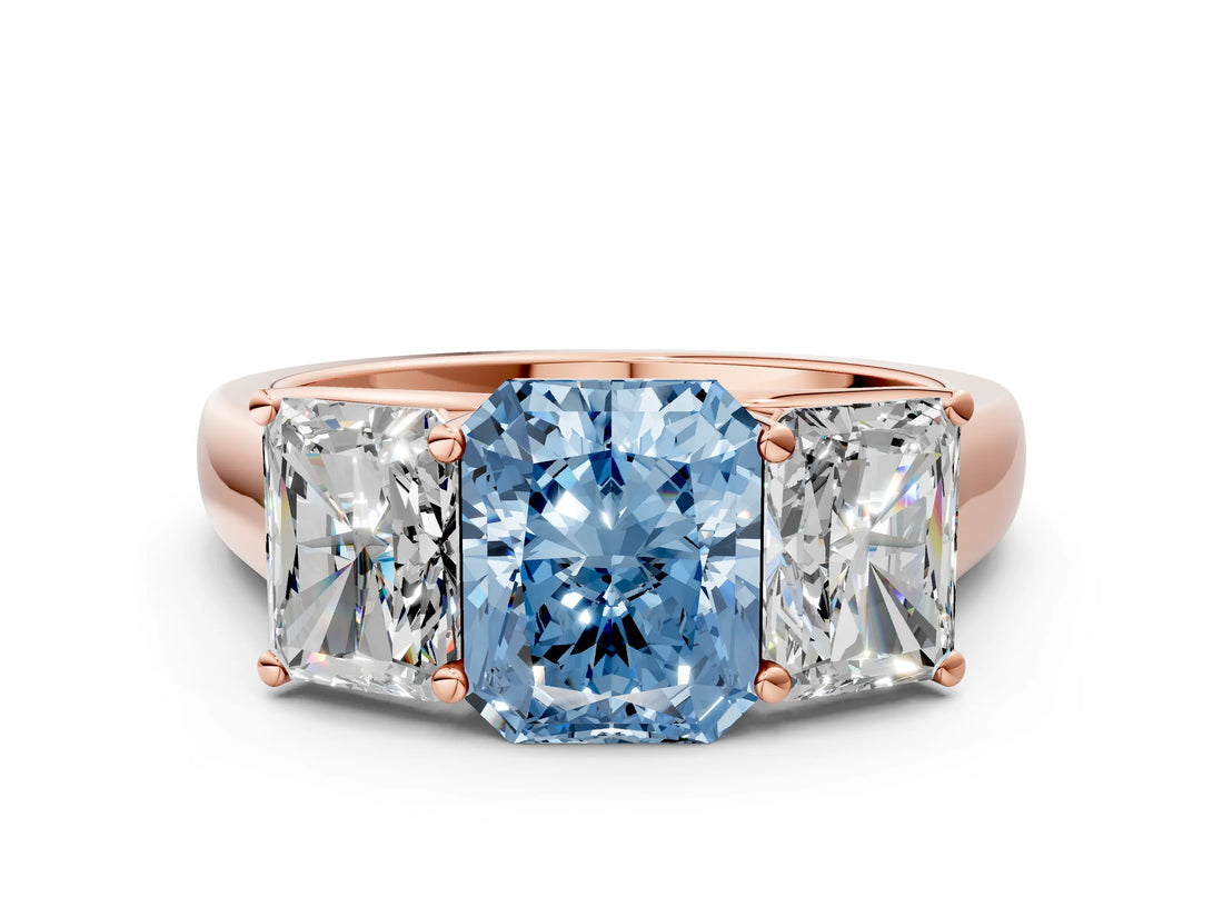 Rose gold Fancy Blue Radiant Cut Three-Stone Diamond Ring with Prong Setting on a Classic Band_12