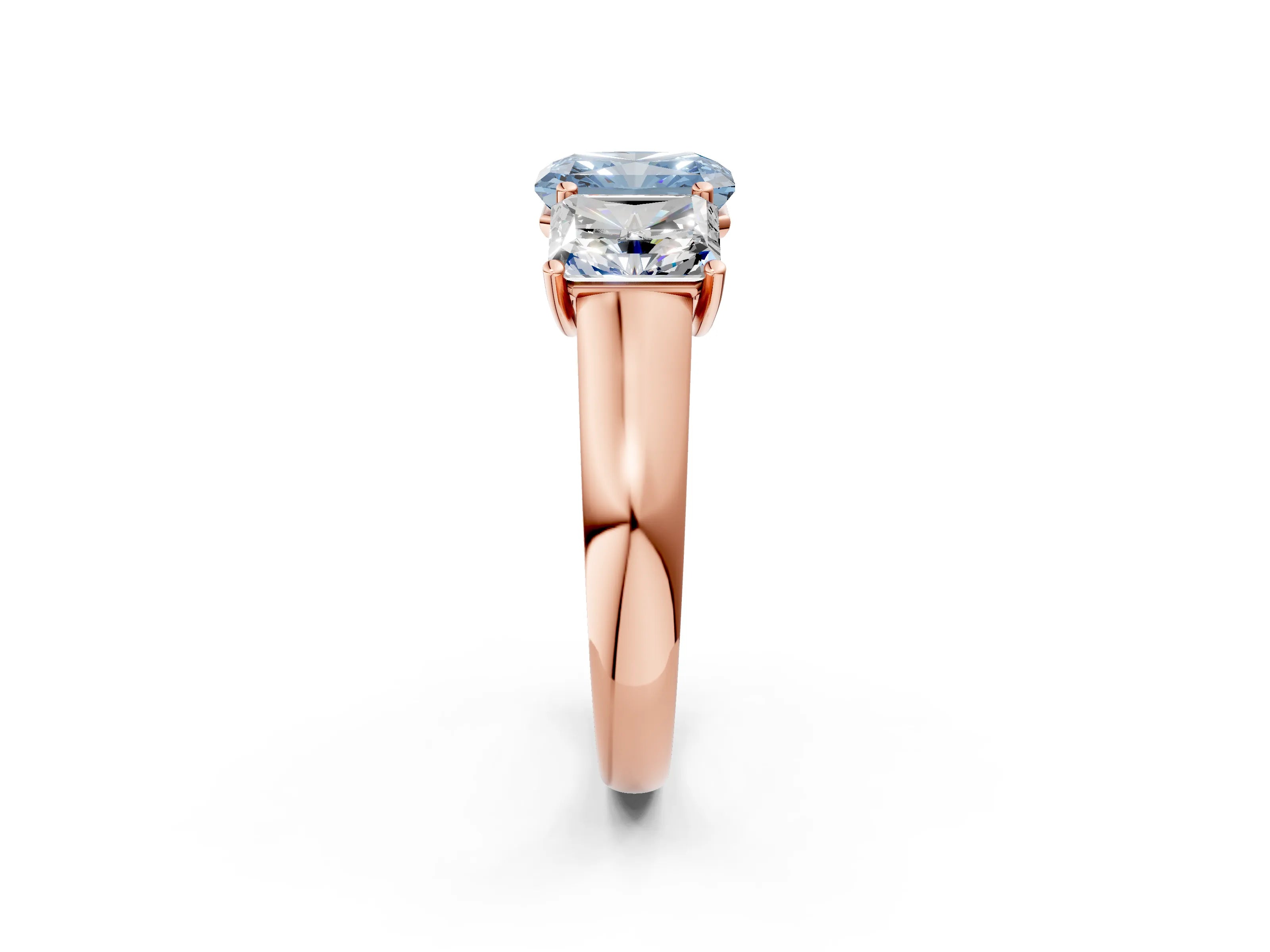 Rose gold Fancy Blue Radiant Cut Three-Stone Diamond Ring with Prong Setting on a Classic Band_2