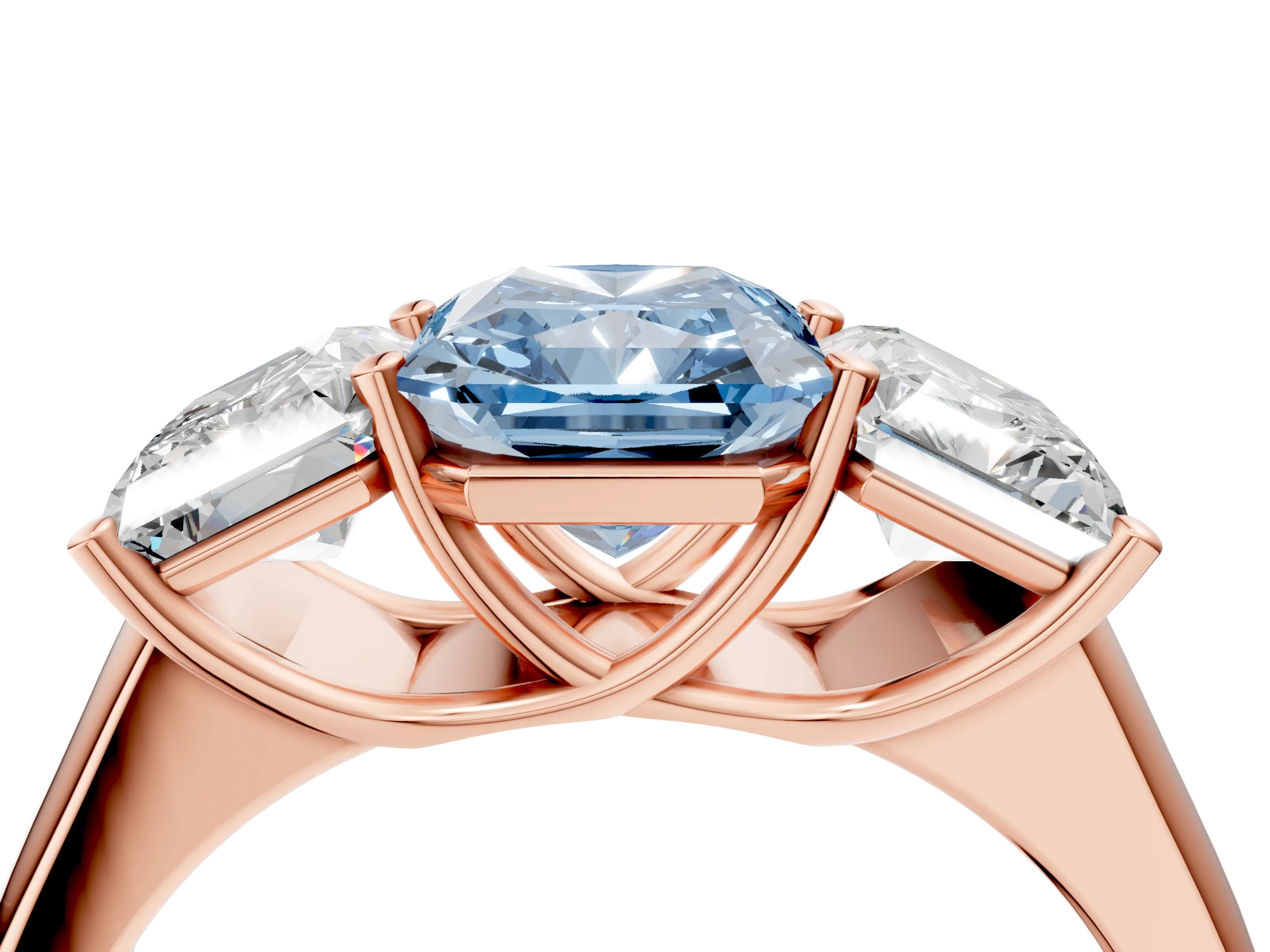 Rose gold Fancy Blue Radiant Cut Three-Stone Diamond Ring with Prong Setting on a Classic Band_4