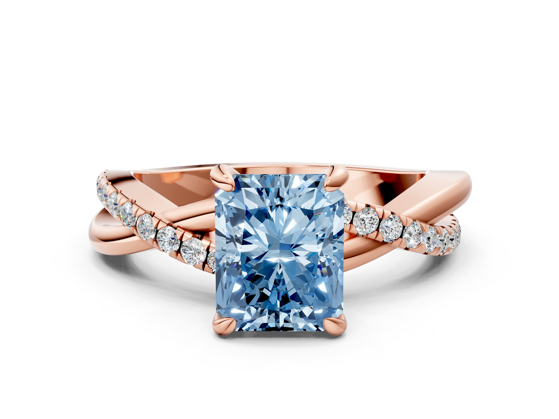 Rose gold Fancy Blue Radiant  Cut Twist Band Solitaire Diamond Ring with Pavé Setting_3