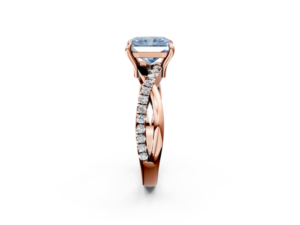 Rose gold Fancy Blue Radiant  Cut Twist Band Solitaire Diamond Ring with Pavé Setting