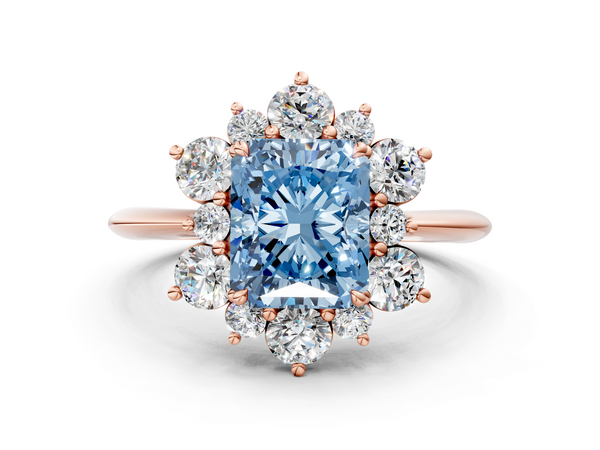 Rose gold Fancy Blue Radiant  Diamond Cluster Halo Ring with Solitaire Band and Four-Prong Setting