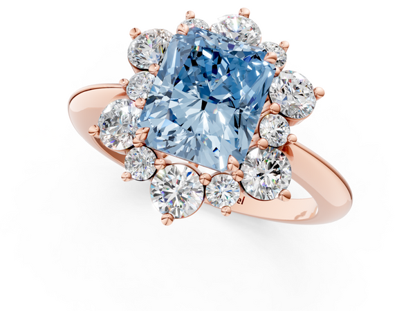 Rose gold Fancy Blue Radiant  Diamond Cluster Halo Ring with Solitaire Band and Four-Prong Setting
