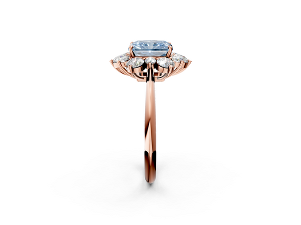 Rose gold Fancy Blue Radiant  Diamond Cluster Halo Ring with Solitaire Band and Four-Prong Setting