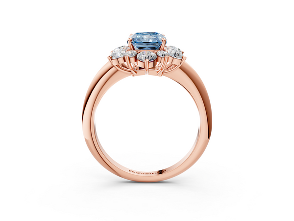 Rose gold Fancy Blue Radiant  Diamond Cluster Halo Ring with Solitaire Band and Four-Prong Setting