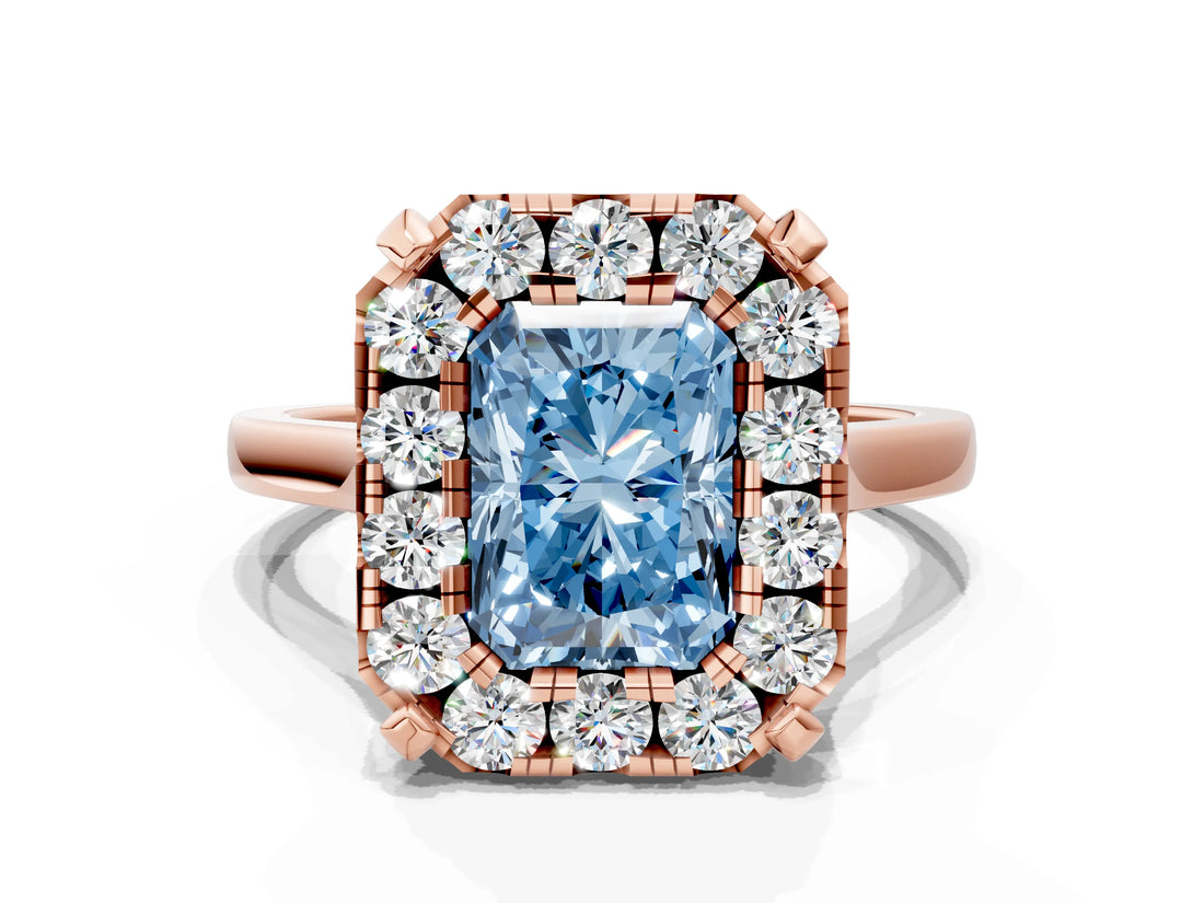 Rose gold Fancy Blue Radiant  Diamond Cluster Halo Solitaire with Four-Prong Setting_77
