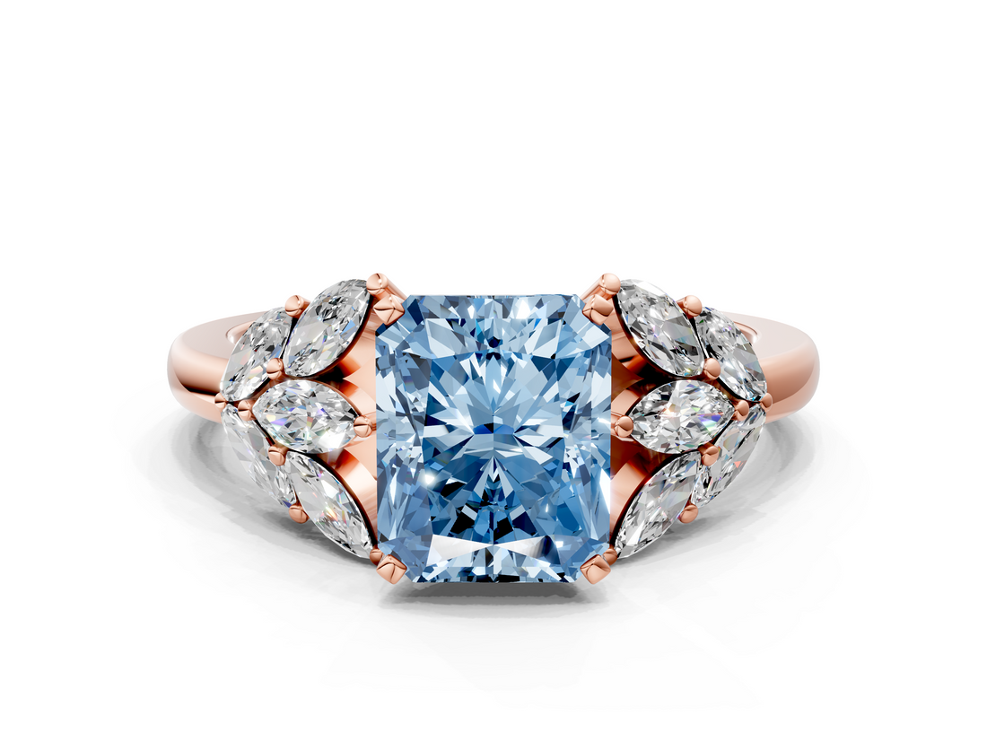 Rose gold Fancy Blue Radiant  Diamond Cluster Leaf Design Ring with Prong Setting_63