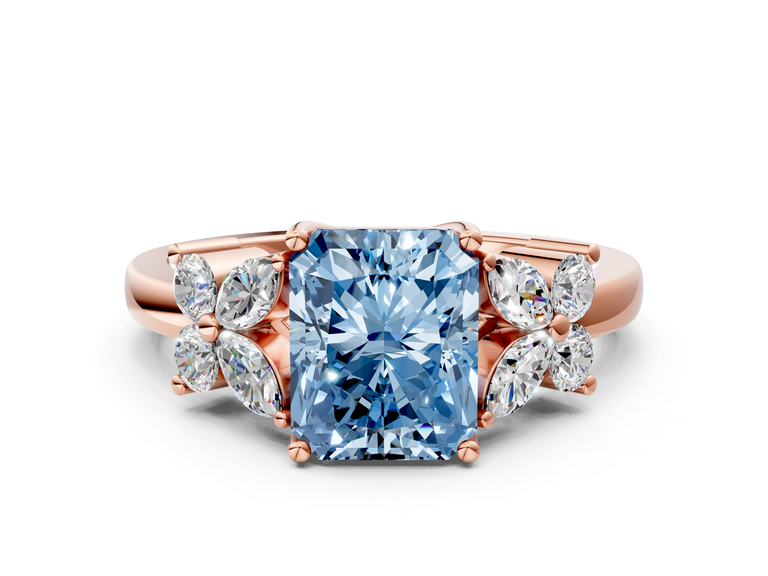 Rose gold Fancy Blue Radiant  Diamond Floral Cluster Ring with Solitaire Band and Prong Setting_46