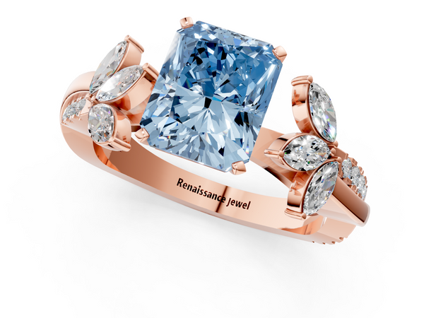 Rose gold Fancy Blue Radiant  Diamond Floral Vine Solitaire Engagement Ring