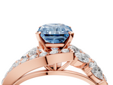 Rose gold Fancy Blue Radiant  Diamond Halo Ring with Marquise and Pavé Band in Prong Setting_74