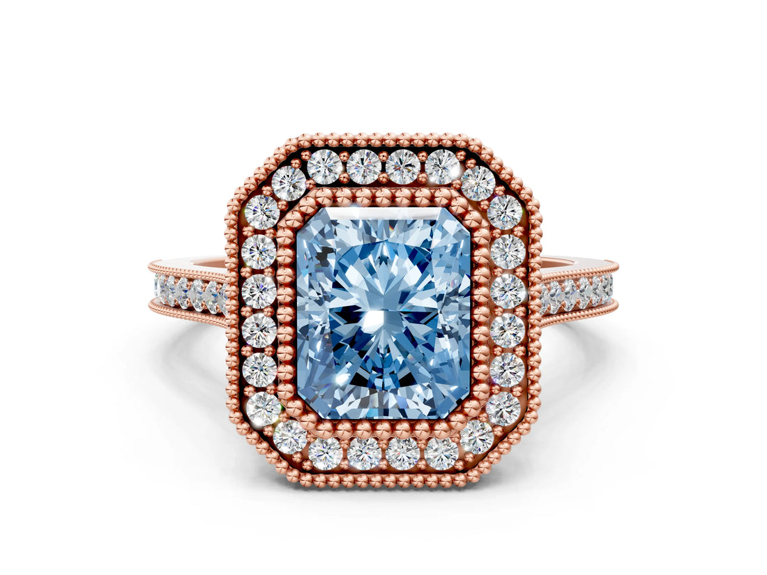 Rose gold Fancy Blue Radiant  Diamond Halo Ring with Milgrain Frame and Pavé Band