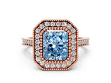 Rose gold Fancy Blue Radiant  Diamond Halo Ring with Milgrain Frame and Pavé Band