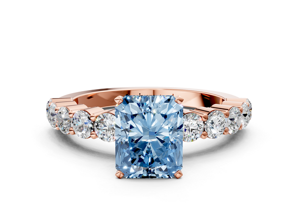 Rose gold Fancy Blue Radiant  Diamond Solitaire Ring with Shared Prong Round Side Stones