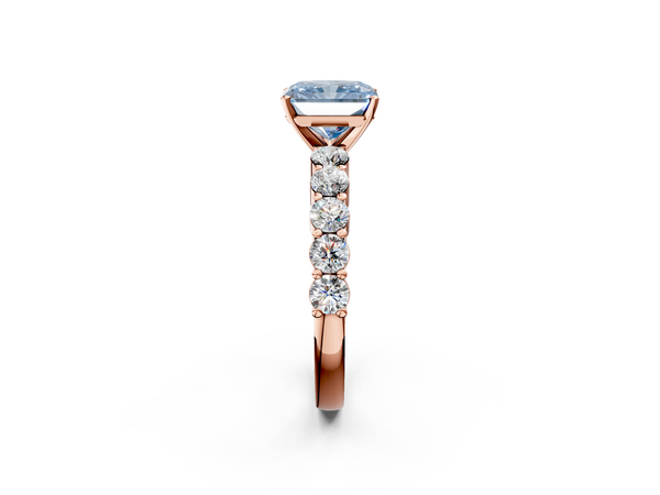 Rose gold Fancy Blue Radiant  Diamond Solitaire Ring with Shared Prong Round Side Stones
