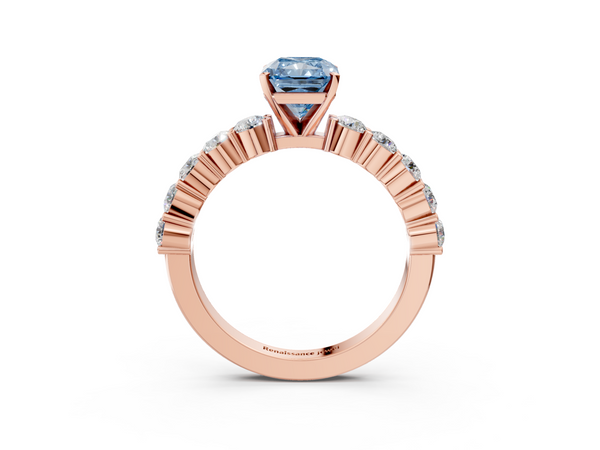 Rose gold Fancy Blue Radiant  Diamond Solitaire Ring with Shared Prong Round Side Stones