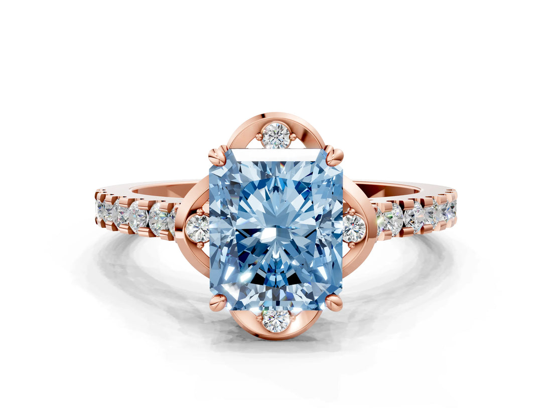 Rose gold Fancy Blue Radiant  Diamond Pave Band with Floral Prong Setting_27