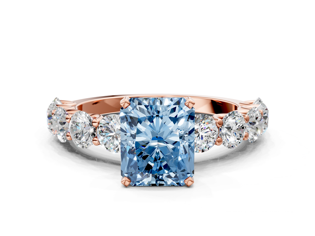 Rose gold Fancy Blue Radiant  Diamond Prong Setting with Side Stones on a Pave Band_139