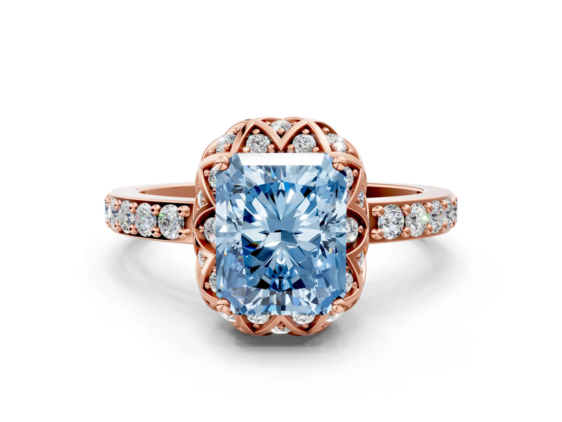 Rose gold Fancy Blue Radiant  Diamond Solitaire Ring with Shared Prong Pavé Band_54