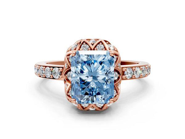 Rose gold Fancy Blue Radiant  Diamond Solitaire Ring with Shared Prong Pavé Band