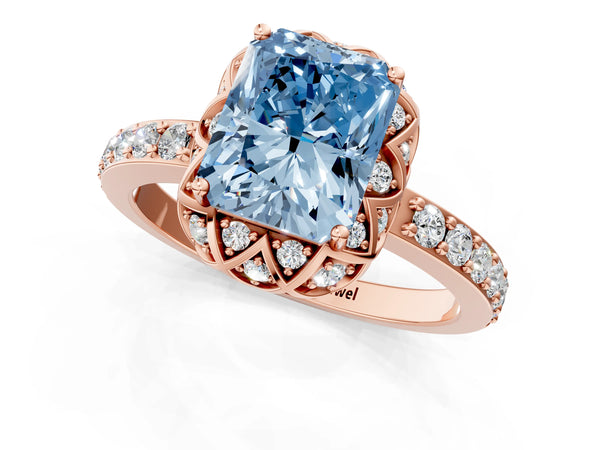 Rose gold Fancy Blue Radiant  Diamond Solitaire Ring with Shared Prong Pavé Band