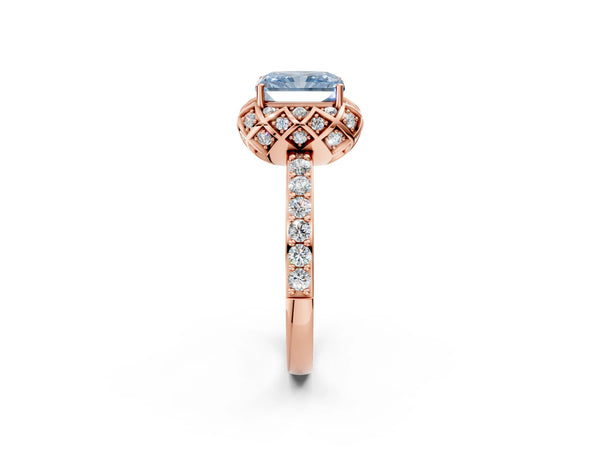 Rose gold Fancy Blue Radiant  Diamond Solitaire Ring with Shared Prong Pavé Band