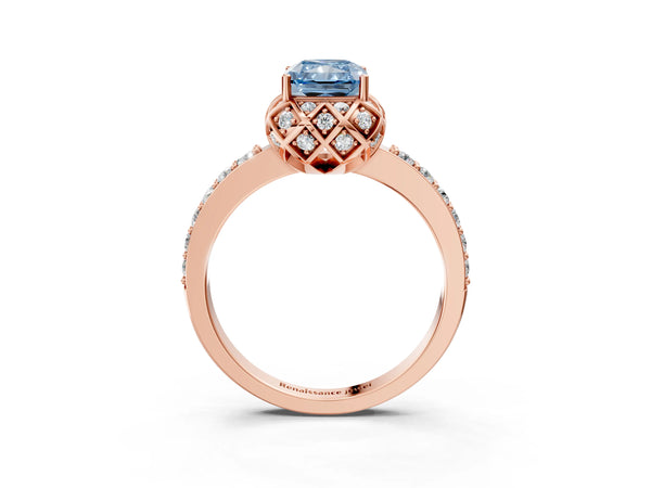 Rose gold Fancy Blue Radiant  Diamond Solitaire Ring with Shared Prong Pavé Band
