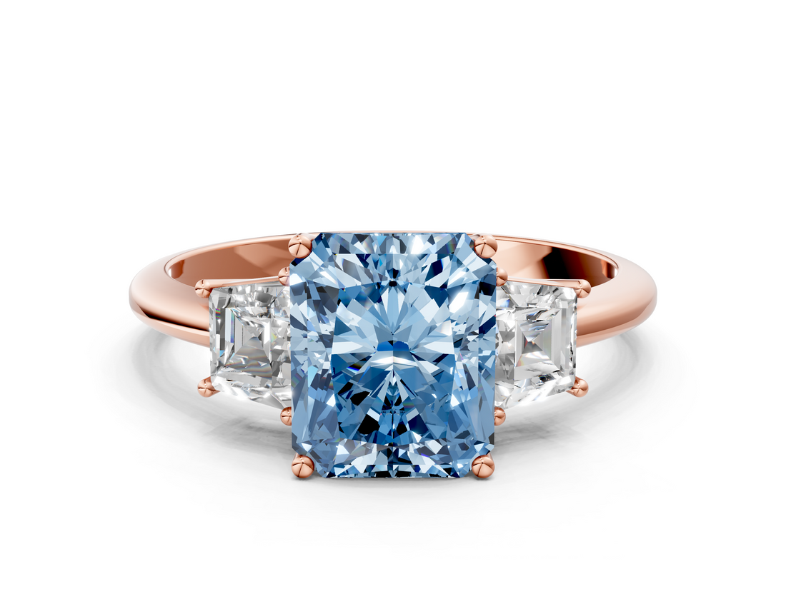Rose gold Fancy Blue Radiant  Diamond Three-Stone Ring with Trapezoid Side Stones and Prong Setting_17