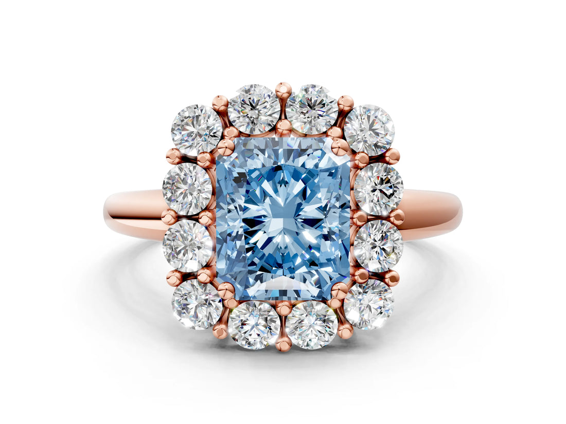 Rose gold Fancy Blue Radiant  Halo Cluster Diamond Engagement Ring with Prong Setting and Polished Band_25