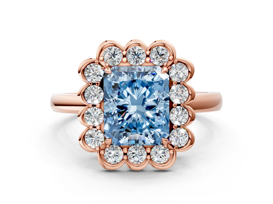 Rose gold Fancy Blue Radiant  Halo Cluster Diamond Engagement Ring with Solitaire Band and Prong Setting_49