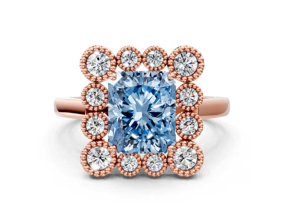 Rose gold Fancy Blue Radiant  Halo Diamond Cluster Engagement Ring with Milgrain Bezel Setting and Solitaire Band_45