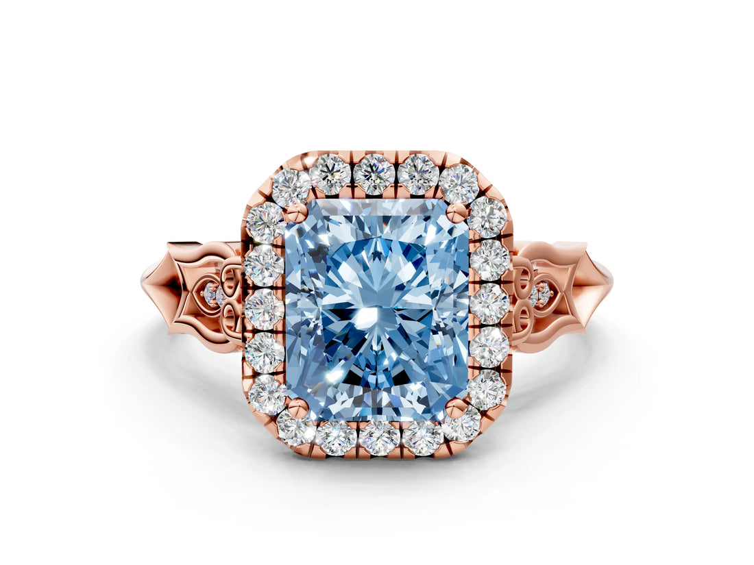 Rose gold Fancy Blue Radiant  Halo Diamond Engagement Ring with Filigree Band and Four-Prong Setting_81