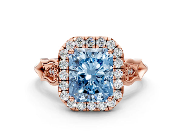 Rose gold Fancy Blue Radiant  Halo Diamond Engagement Ring with Filigree Band and Four-Prong Setting