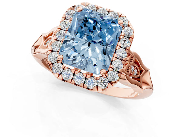 Rose gold Fancy Blue Radiant  Halo Diamond Engagement Ring with Filigree Band and Four-Prong Setting